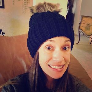 CC Beanie Thick Cable Knit Faux Fuzzy Fir Pom